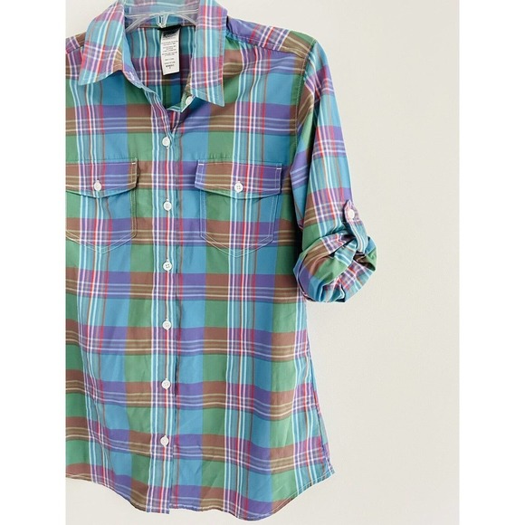 Patagonia | Women's Blue Roll Tab Sleeves Stripe Button Front Plaid Shirt - Picture 3 of 10